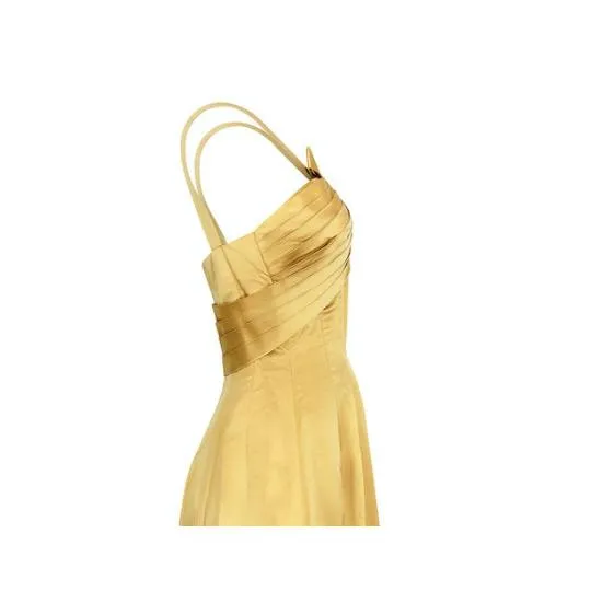 1950s Gold Pleated Bodice Silk Cocktail Dress with Bow Detail