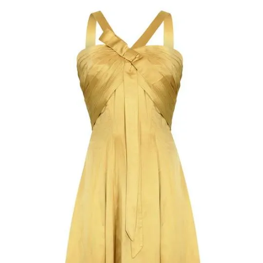 1950s Gold Pleated Bodice Silk Cocktail Dress with Bow Detail