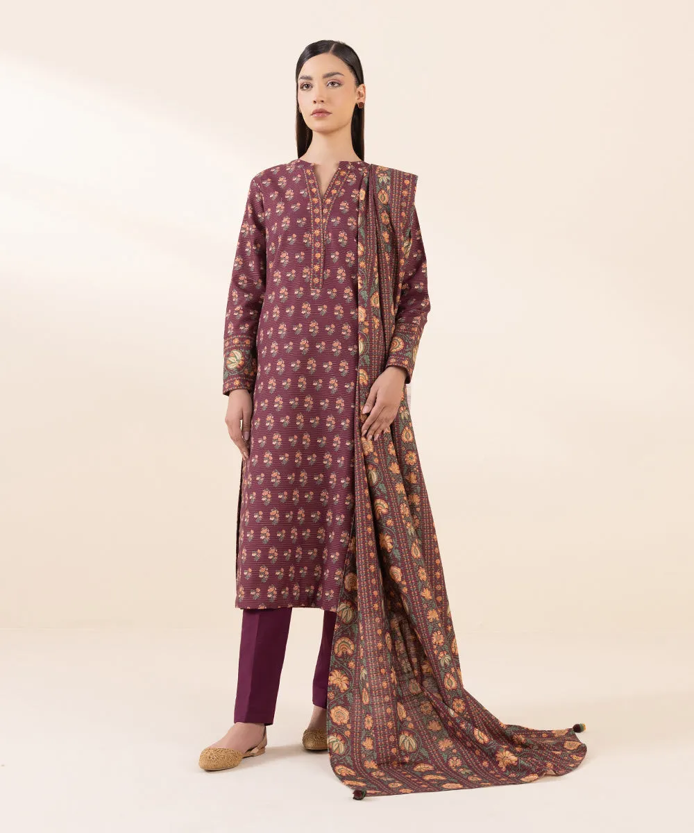 3 Piece - Printed Zari Khaddar Suit