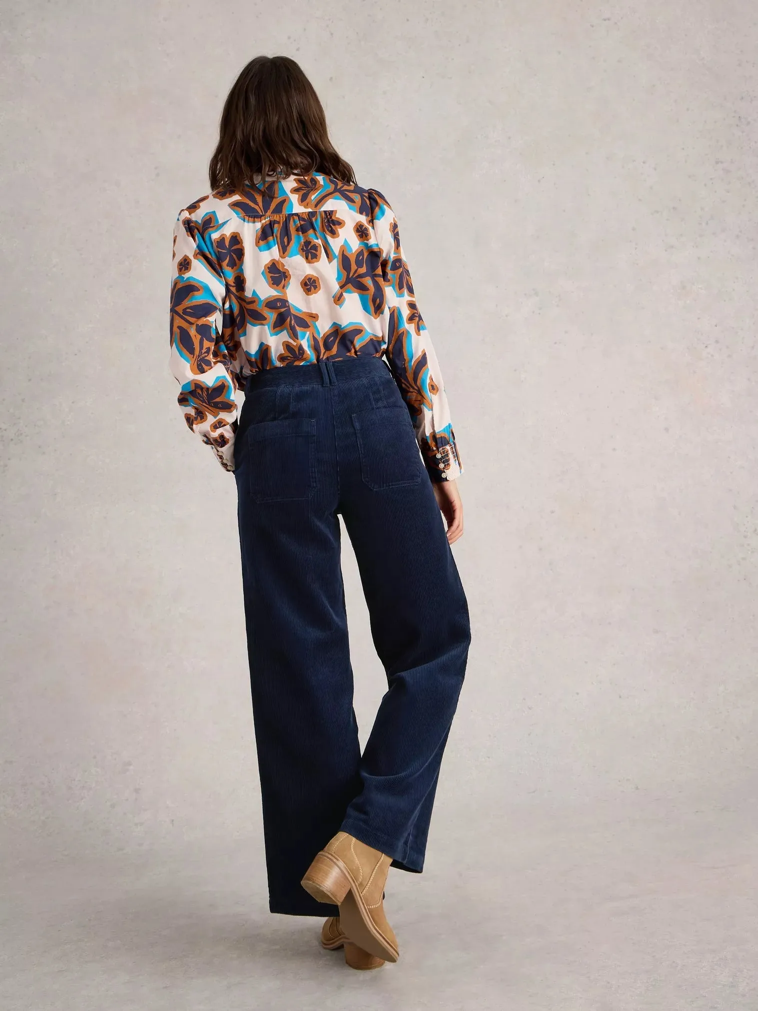 BELLE wide-leg Cord Trouser in Navy Blue by WhiteStuff