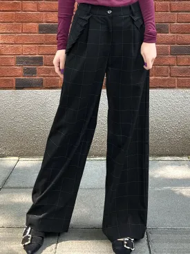 Black Checks Pleated Ruffle Pocket Wide Leg Trousers