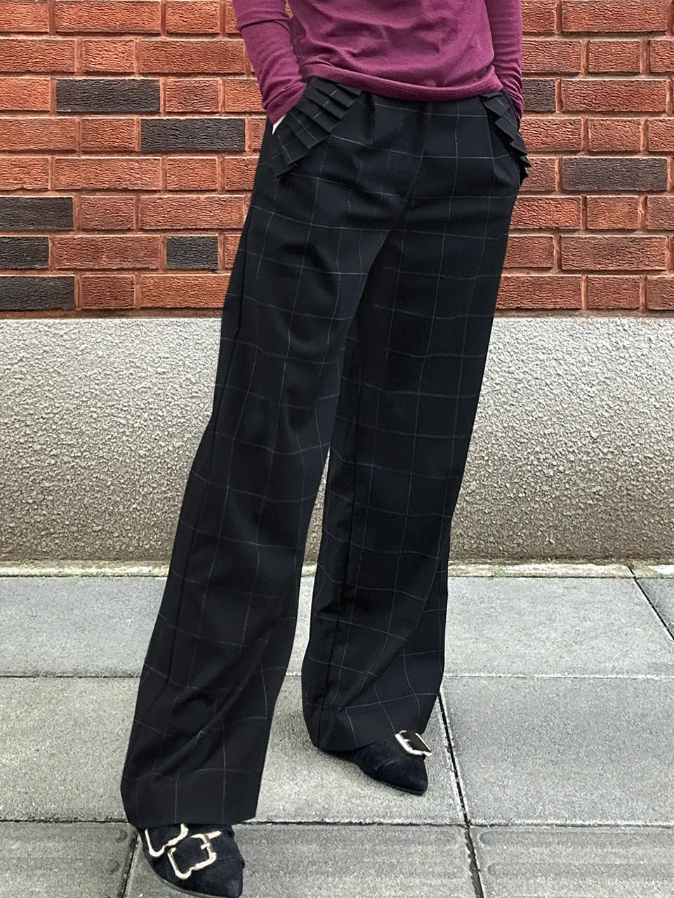 Black Checks Pleated Ruffle Pocket Wide Leg Trousers