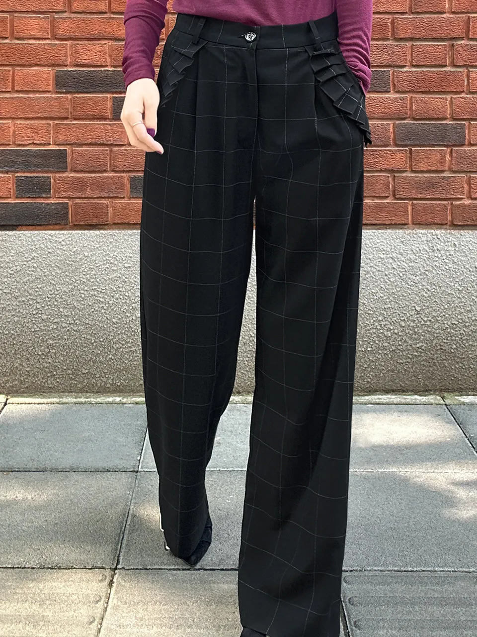 Black Checks Pleated Ruffle Pocket Wide Leg Trousers