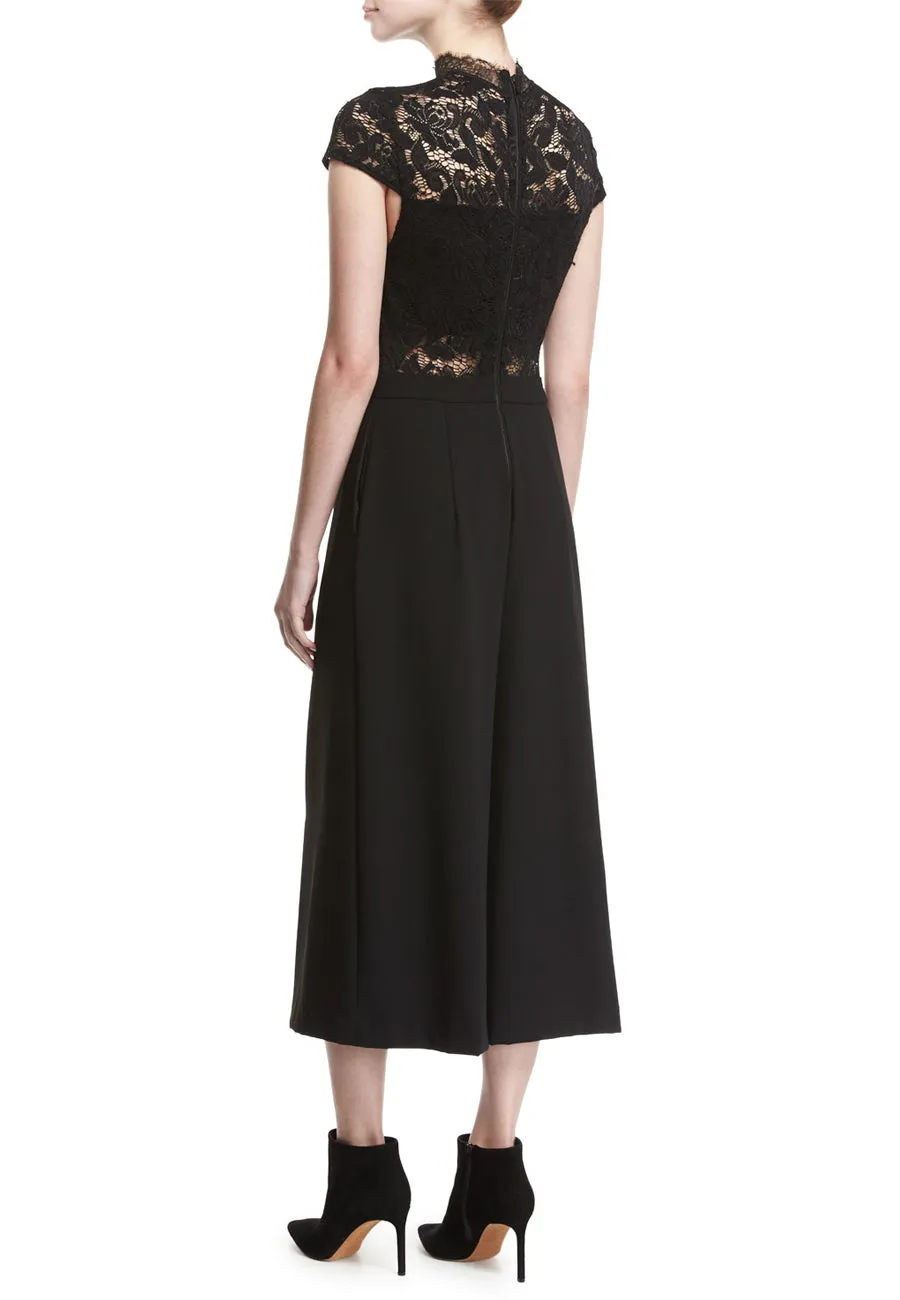 Black Elysia Short Sleeves Lace and Crepe Jumpsuit