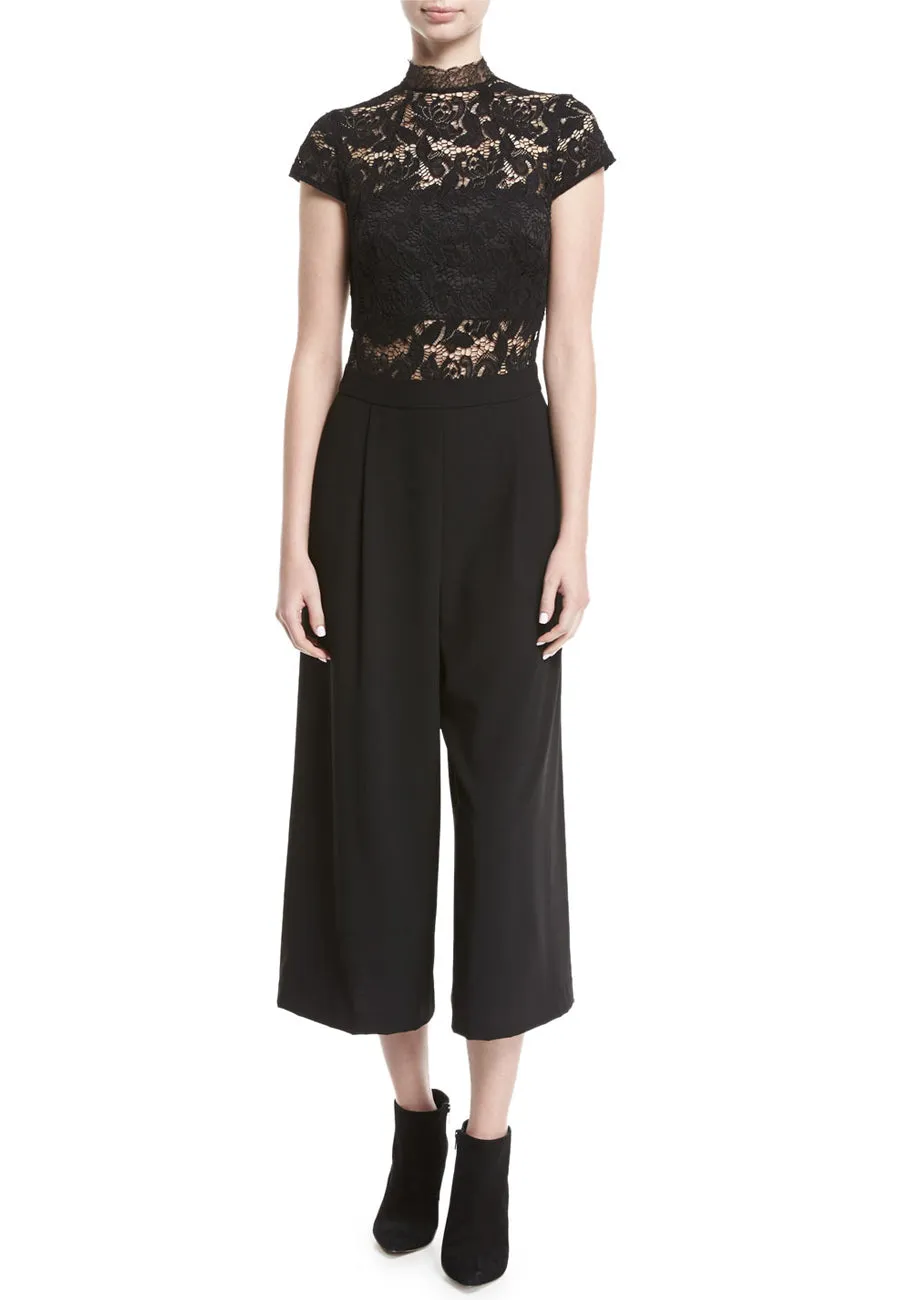 Black Elysia Short Sleeves Lace and Crepe Jumpsuit