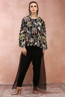 Black Embroidered Top And Organza Skirt Pant