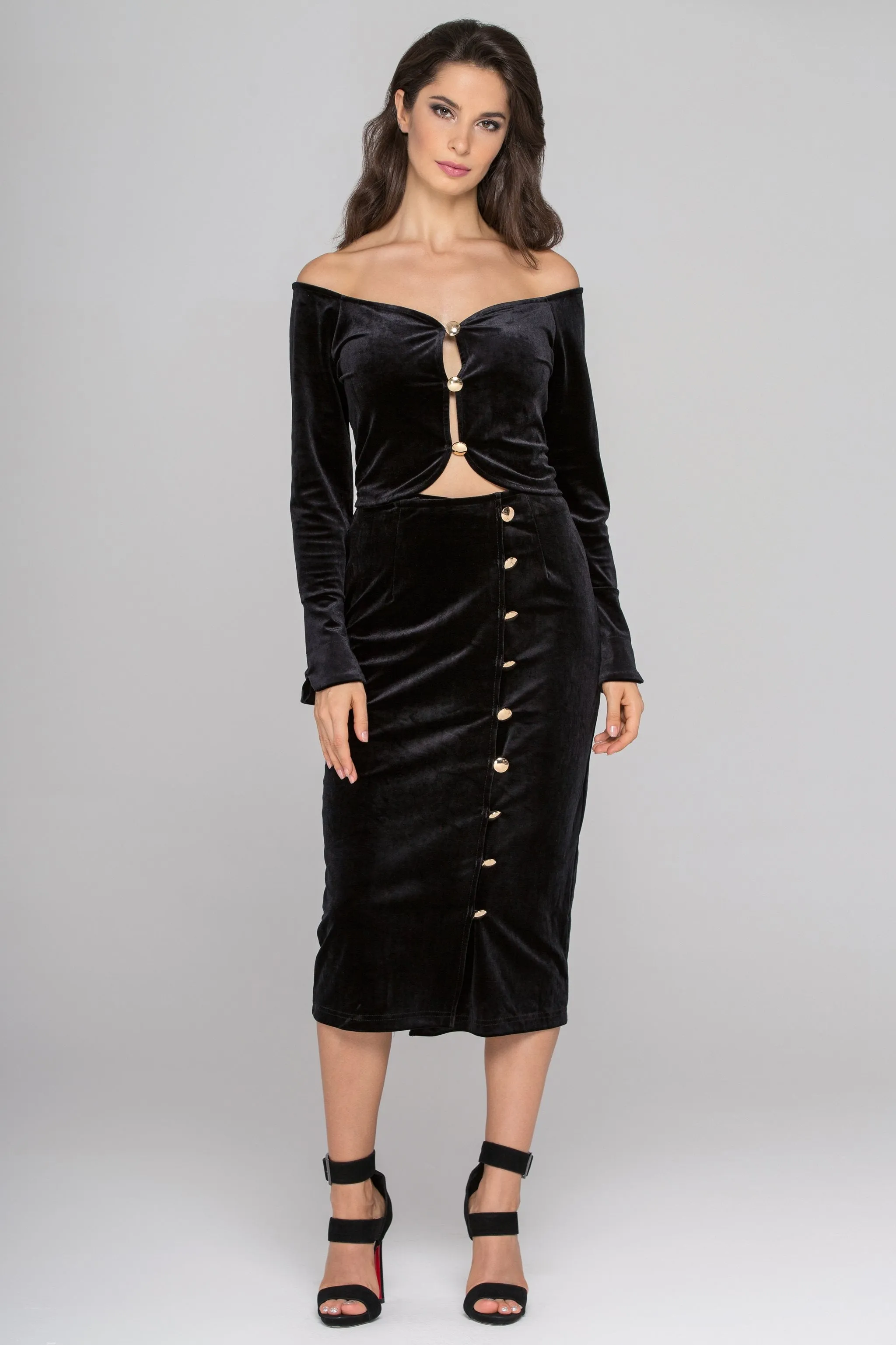 Black Velvet Flare Sleeves Two Piece Midi Dress