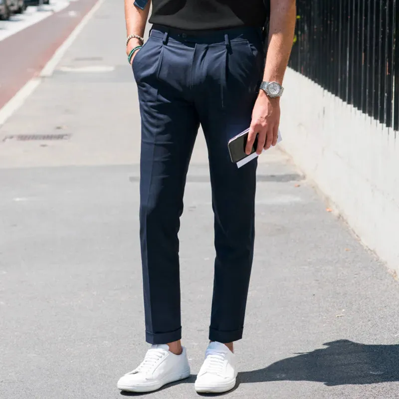 BONSIR  -  Men's casual pants 2021 spring and summer new Euro American Street Photo same single pleated hem pants slim