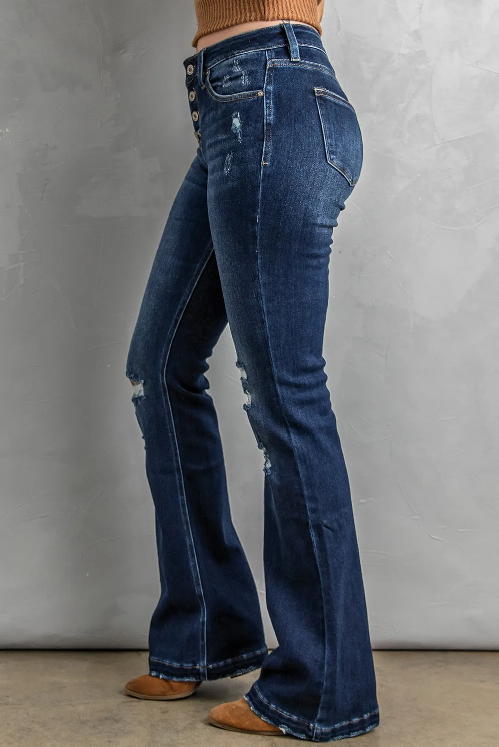 Button Fly Distressed Bootcut Jeans