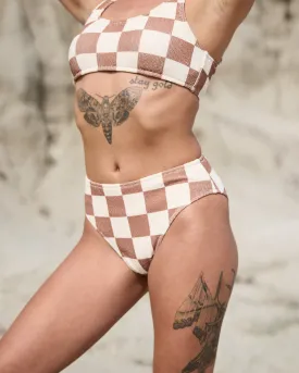 Checkerboard High Waisted Bikini Brief - Off White / Brown