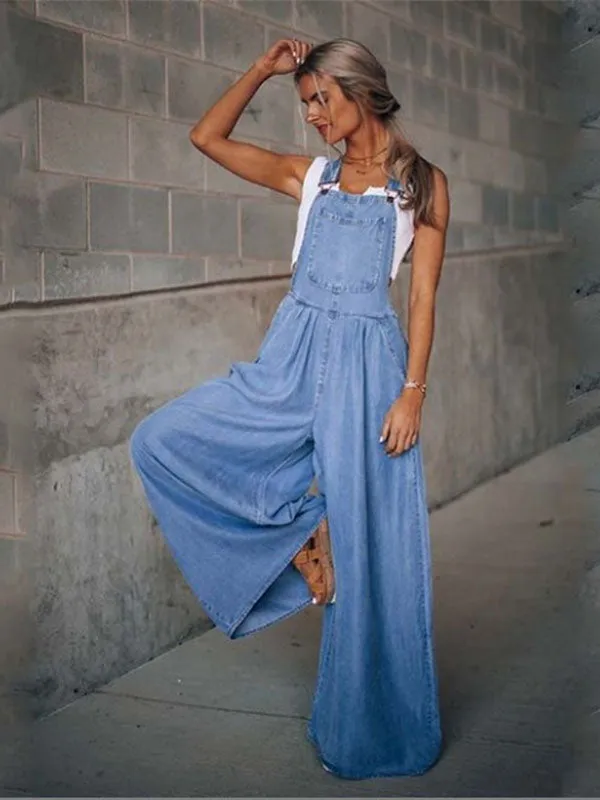 Denim Adjustable Wide Leg Pants Overalls