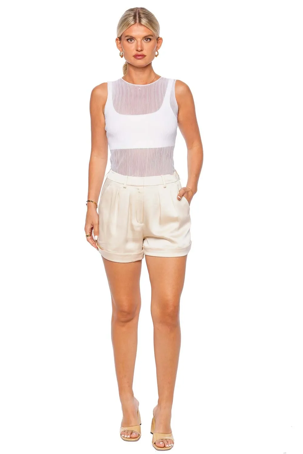 Devan Ecru Pleated Cuff Shorts