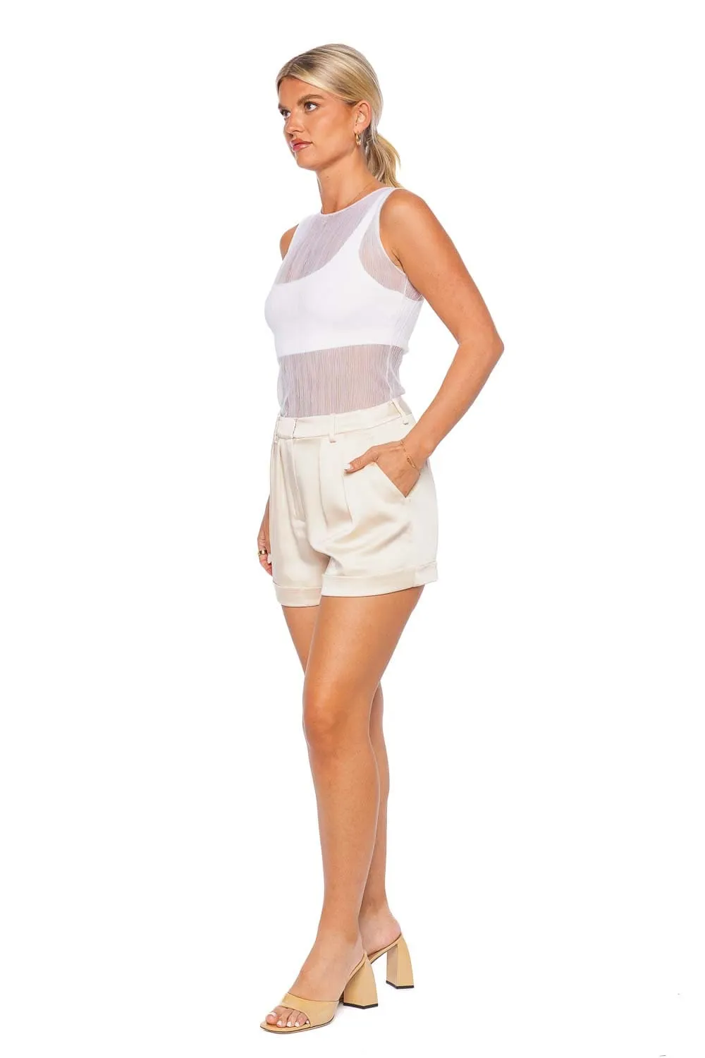 Devan Ecru Pleated Cuff Shorts