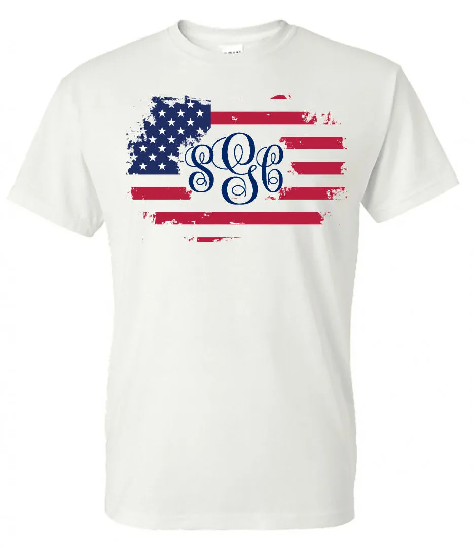 Distressed Flag Monogram - White Short Sleeve Tee