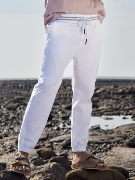 Drawstring Rib Waist White Jogger Pants - Voyager