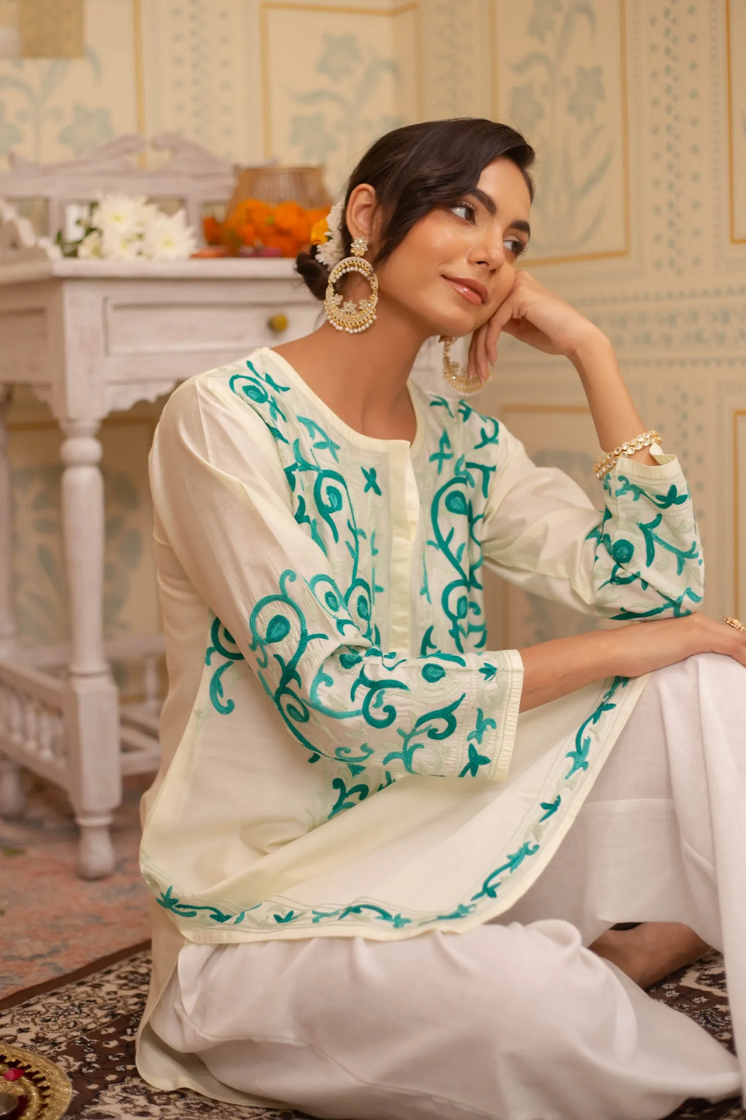 Falak Kashmiri Long Kurta In Chanderi Silk With Turquoise Blue Embroidery