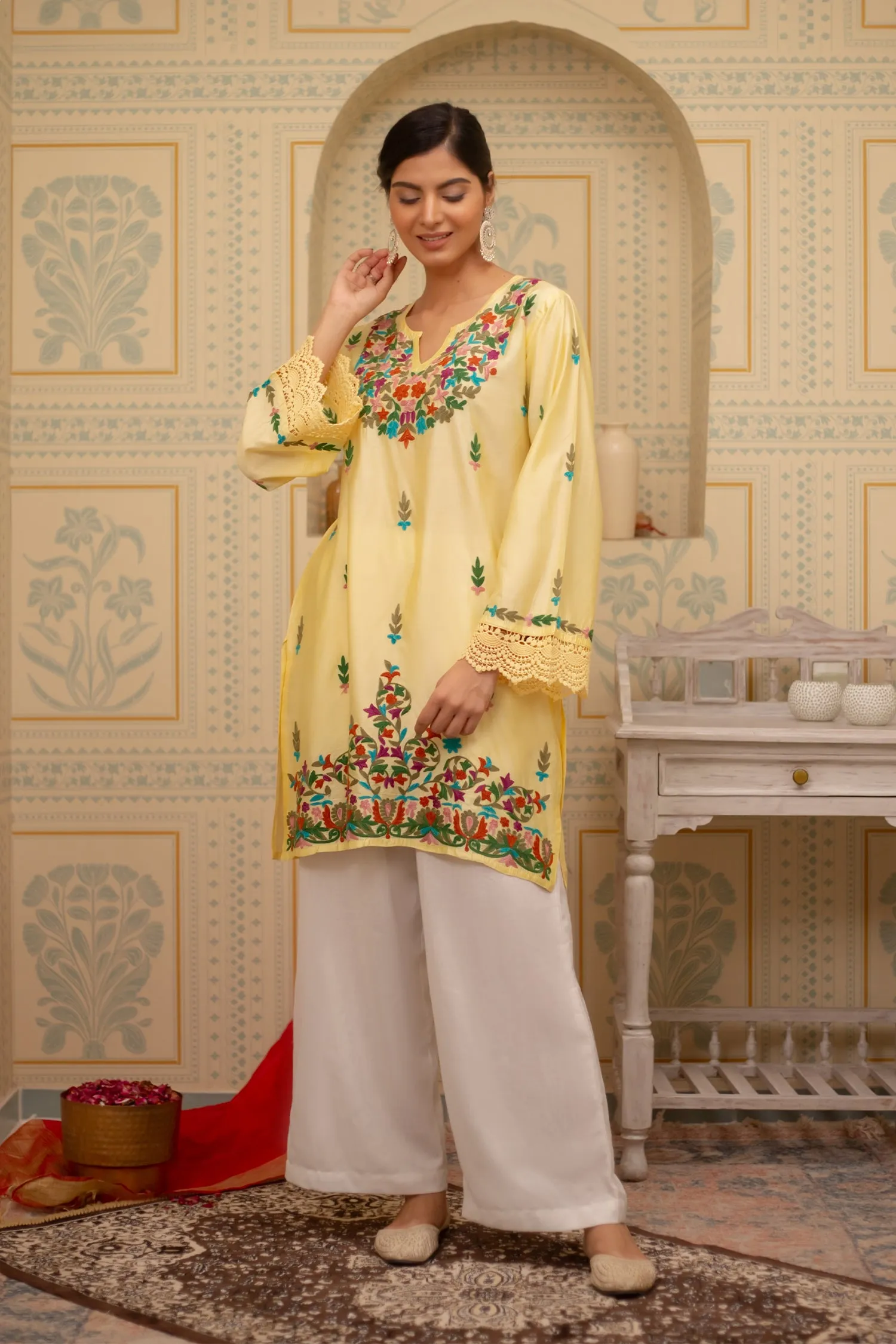 Falak Kashmiri Long Kurta In Yellow Chanderi Silk With Aari