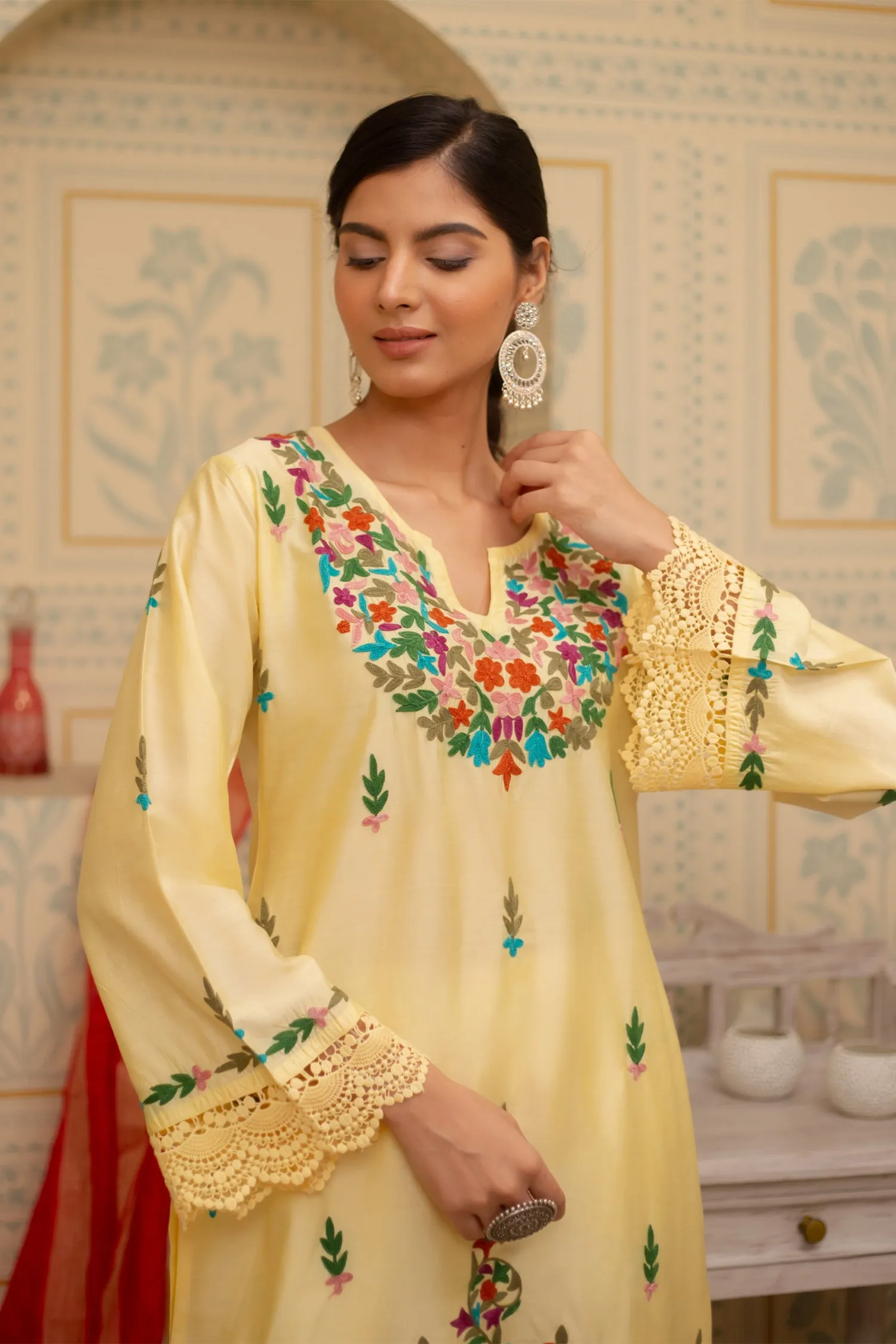 Falak Kashmiri Long Kurta In Yellow Chanderi Silk With Aari