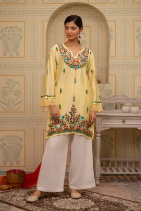 Falak Kashmiri Long Kurta In Yellow Chanderi Silk With Aari