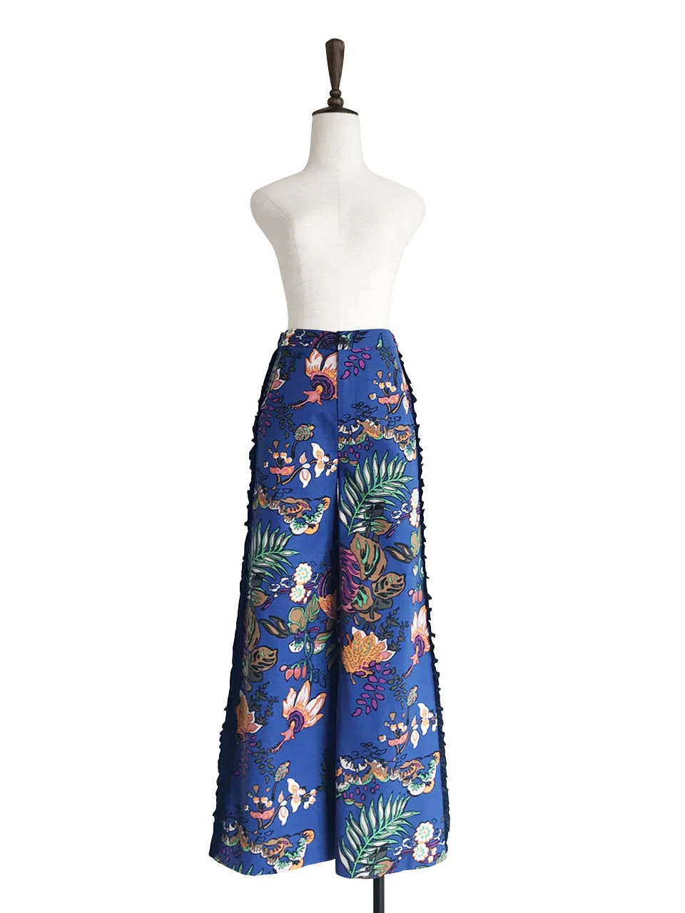 Further Sale! Lustrous Floral Print Ruffle Sides Wide-Leg Trousers