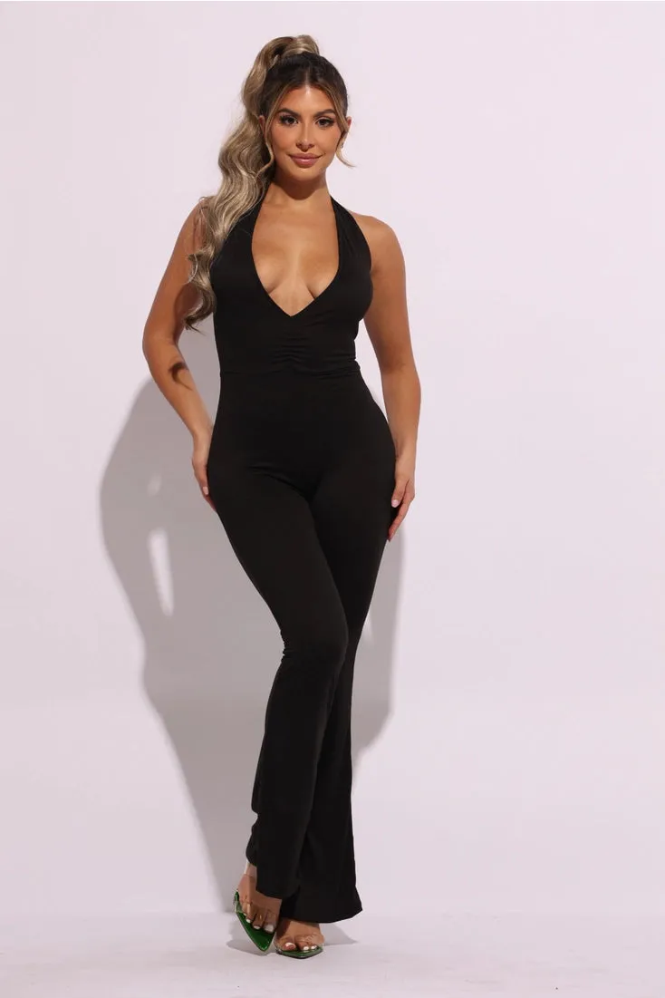 Halter Deep V Neck Flare Jumpsuit