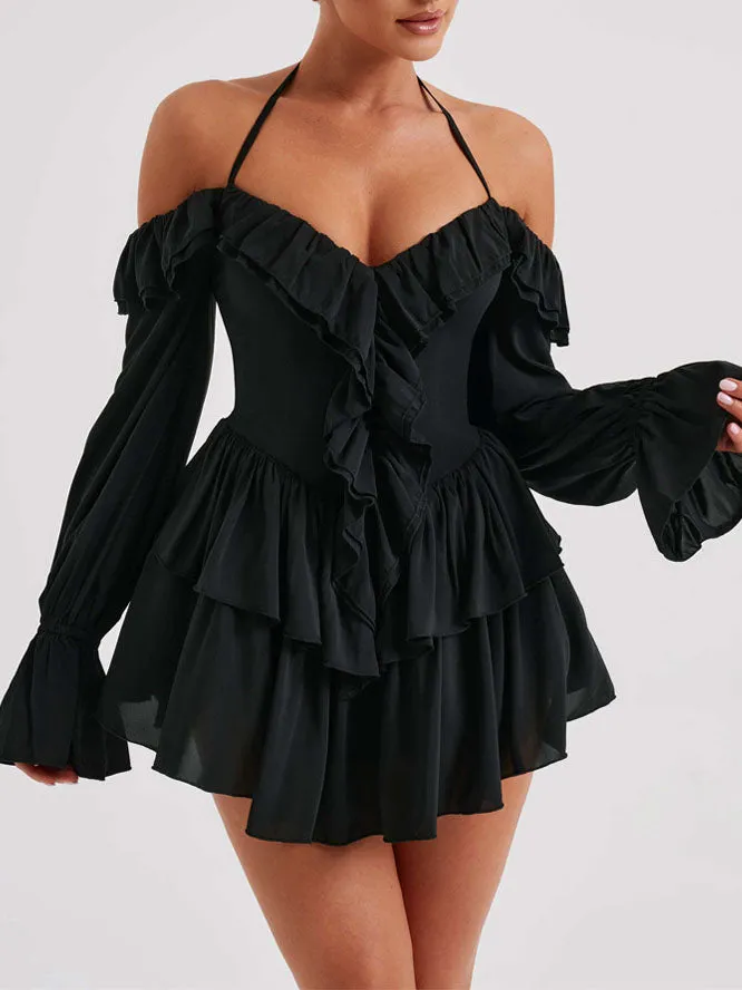 Halter Ruffle Long Sleeve Romper