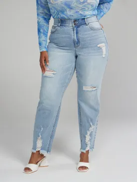 High Rise Curvy Fit Destructed Straight Leg Jeans