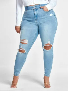 High Rise Curvy Fit Skinny Jeans with Blowout Knees - Short Inseam