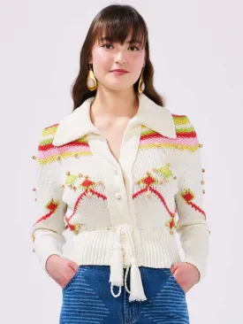 Intarsia Diamond Beaded Cotton Cardigan White