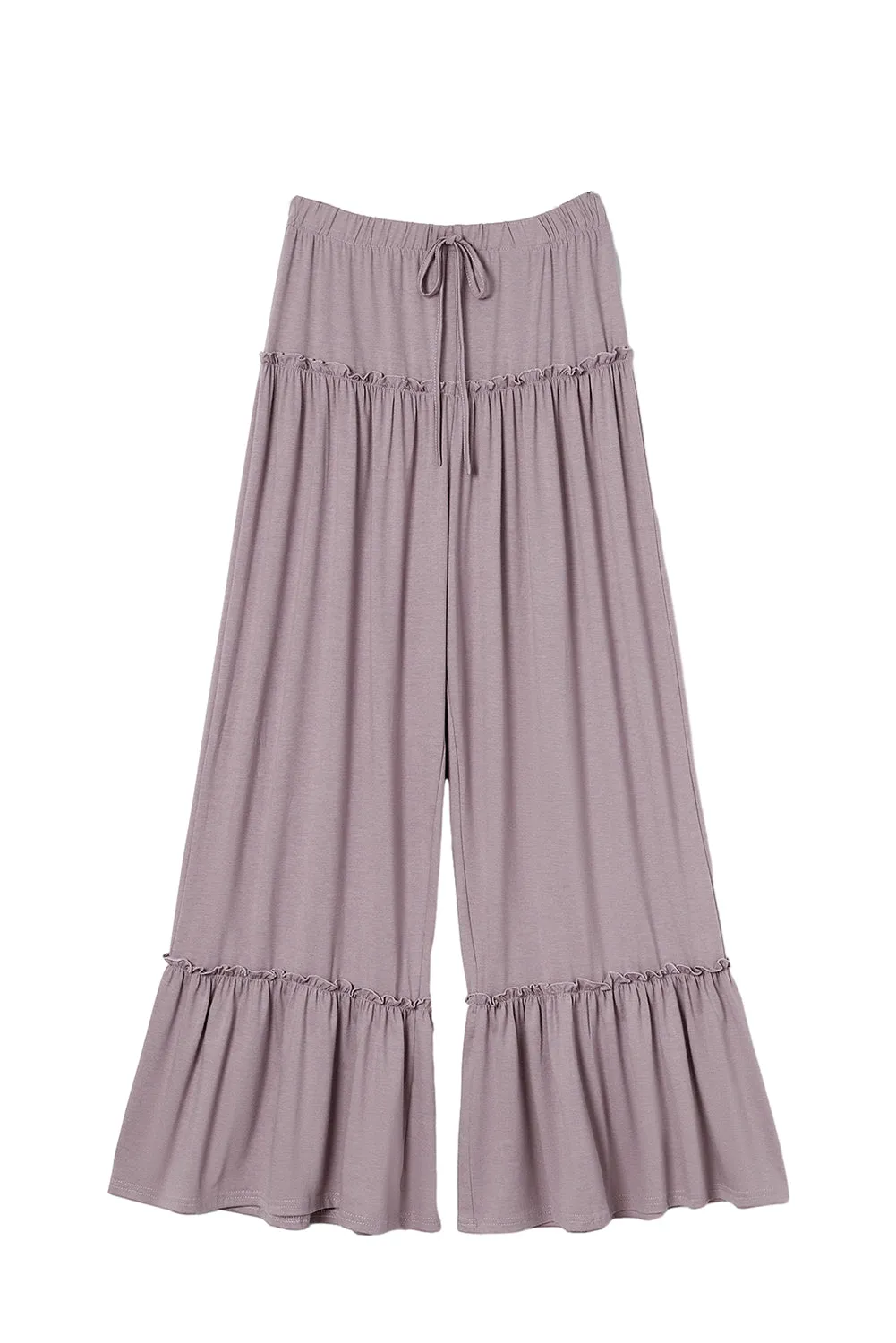 Khaki Frilled Drawstring High Waist Wide Leg Pants