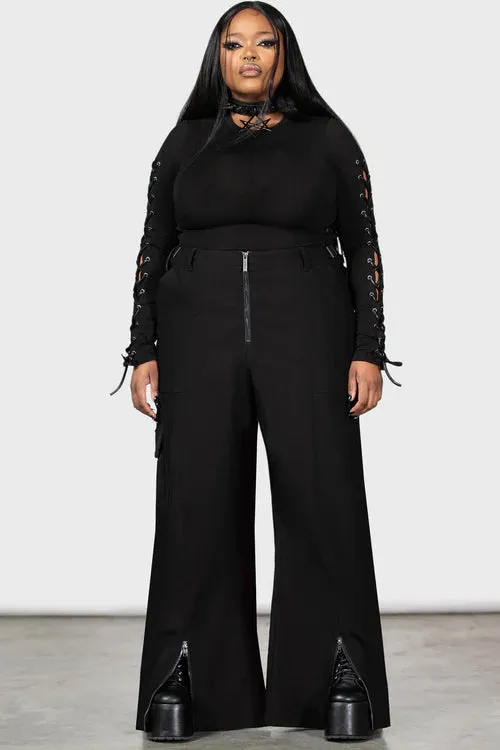 Killstar Moray High Waist Wide Leg Cargo Trousers in Black with Zips