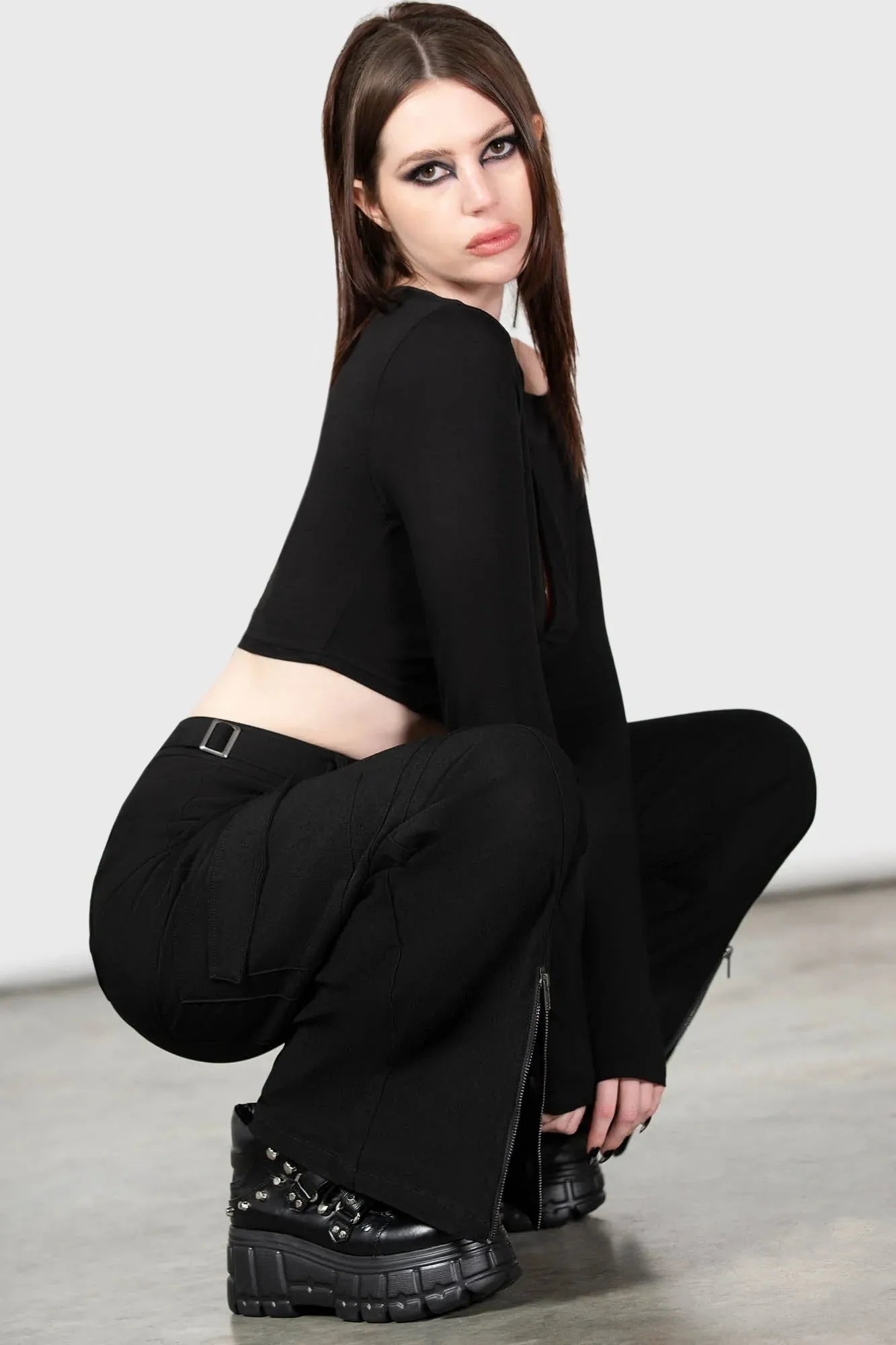 Killstar Moray High Waist Wide Leg Cargo Trousers in Black with Zips