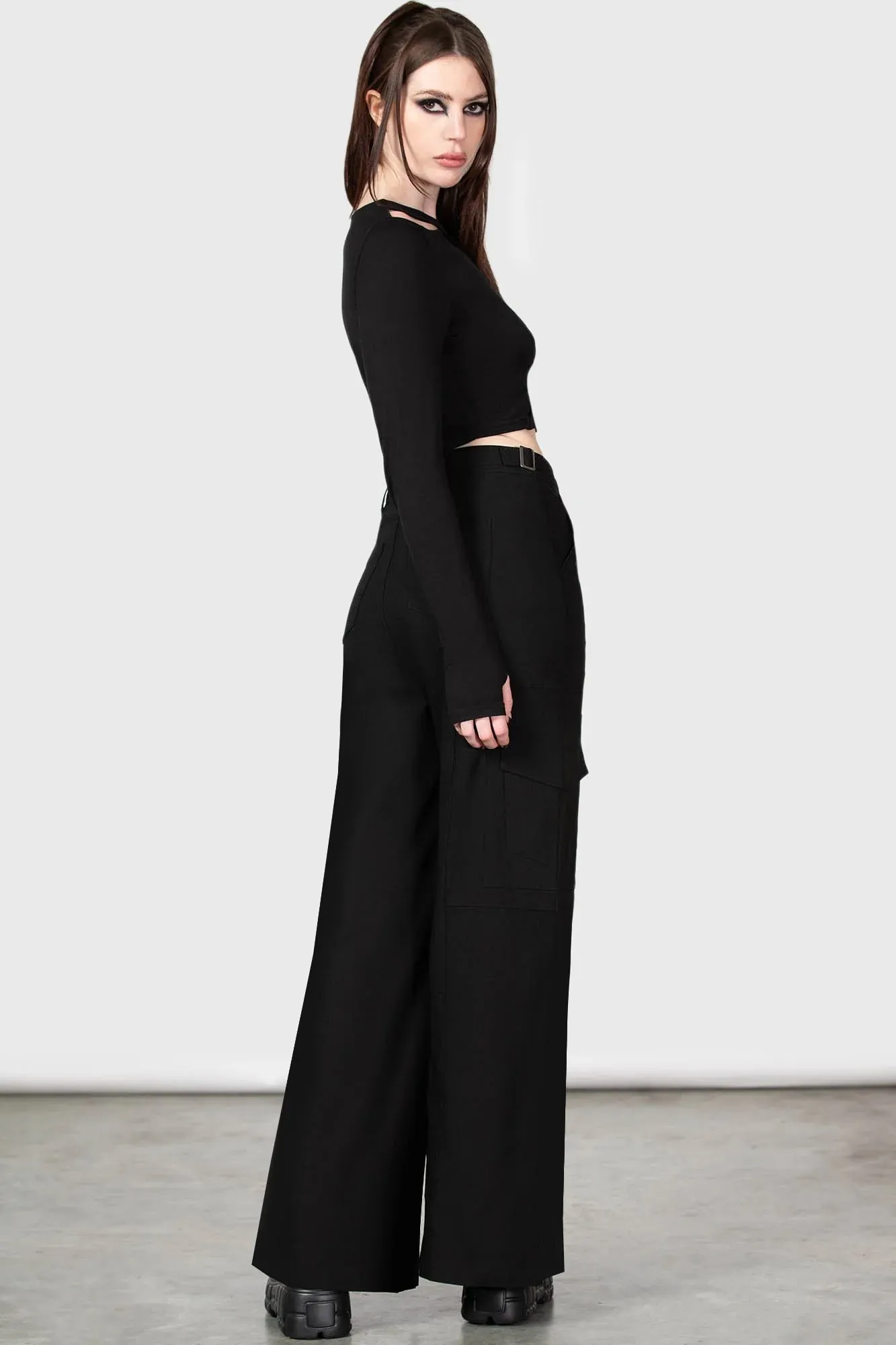 Killstar Moray High Waist Wide Leg Cargo Trousers in Black with Zips