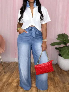 Lace Trim Wide Leg Jeans