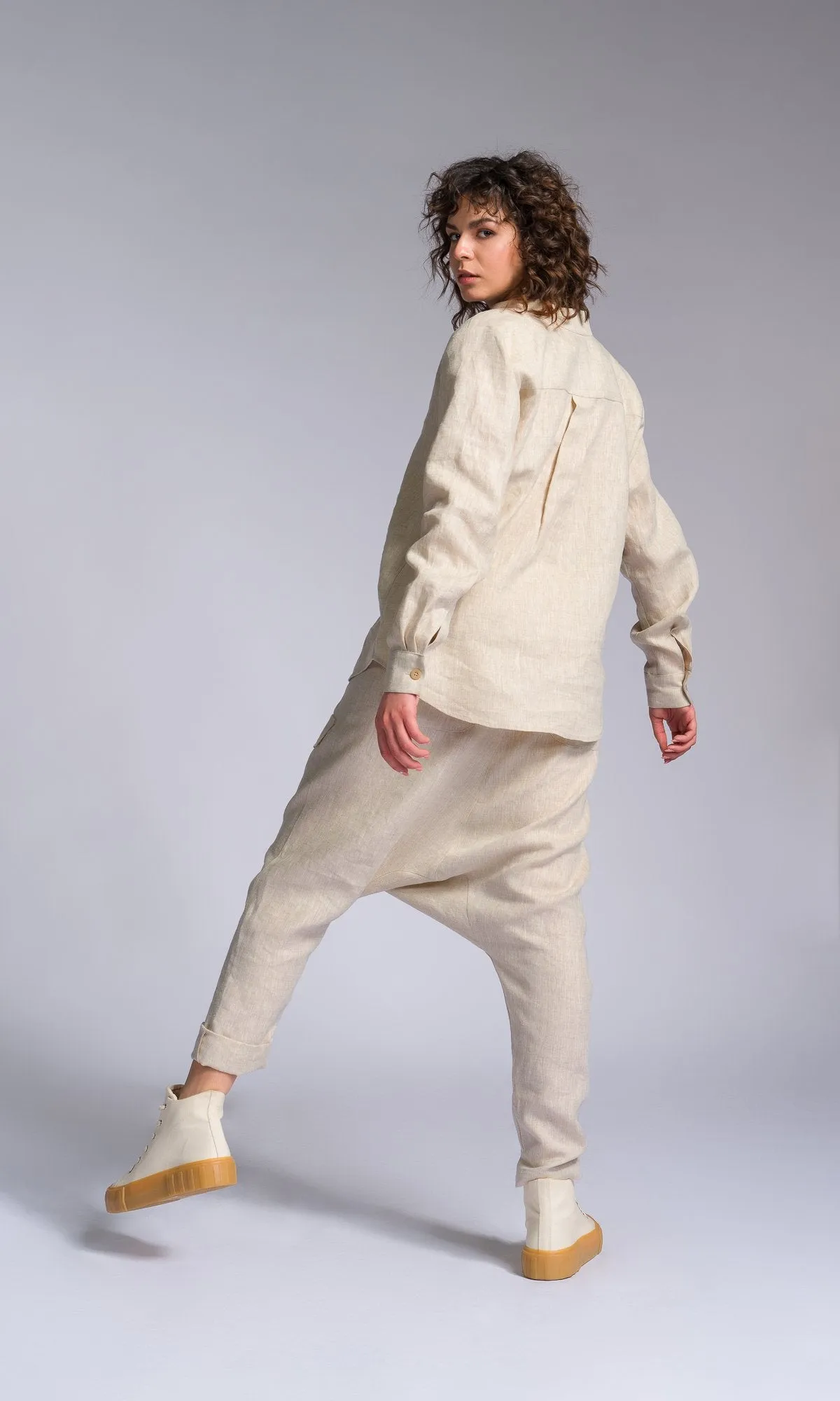 Linen Drop Crotch Pants with Decorative Flap Pocket