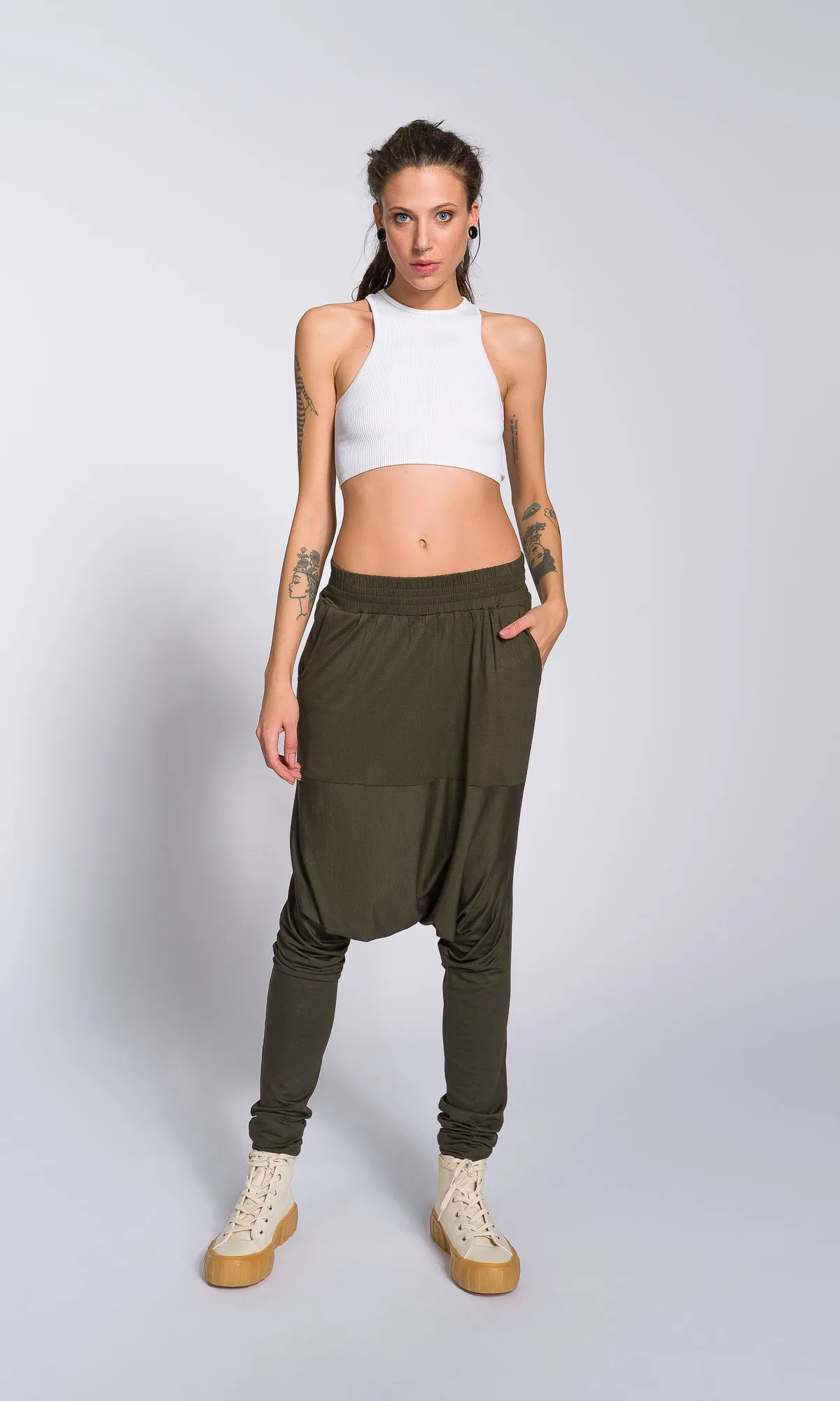 Loose Drop Crotch Pants with Slim Leg