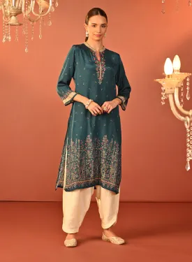 Mehak Teal Blue Printed Viscose Long Kurta for Women