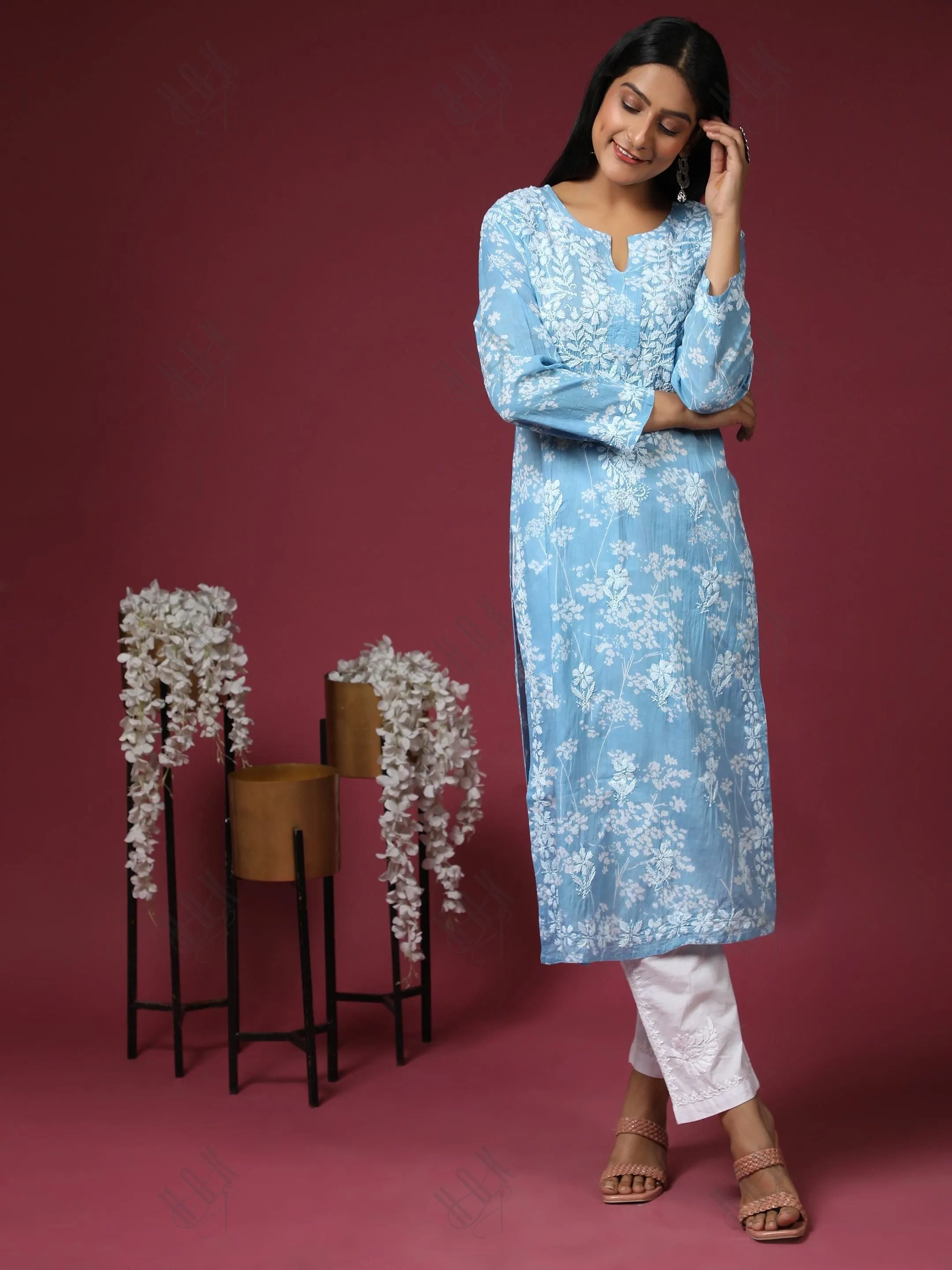 Noor Mul Printed  Hand Embroidery Chikankari Kurta- Sky Blue