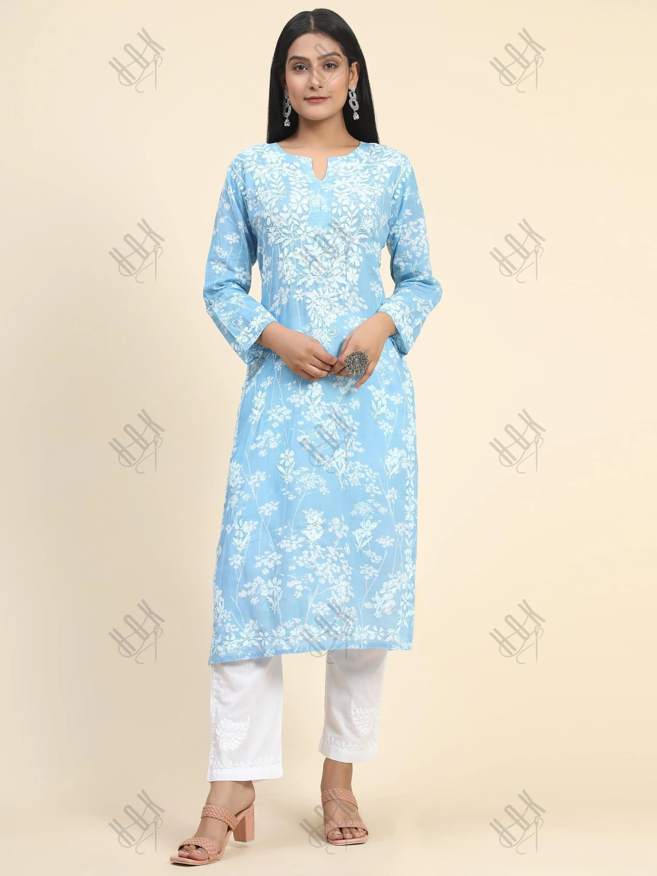 Noor Mul Printed  Hand Embroidery Chikankari Kurta- Sky Blue