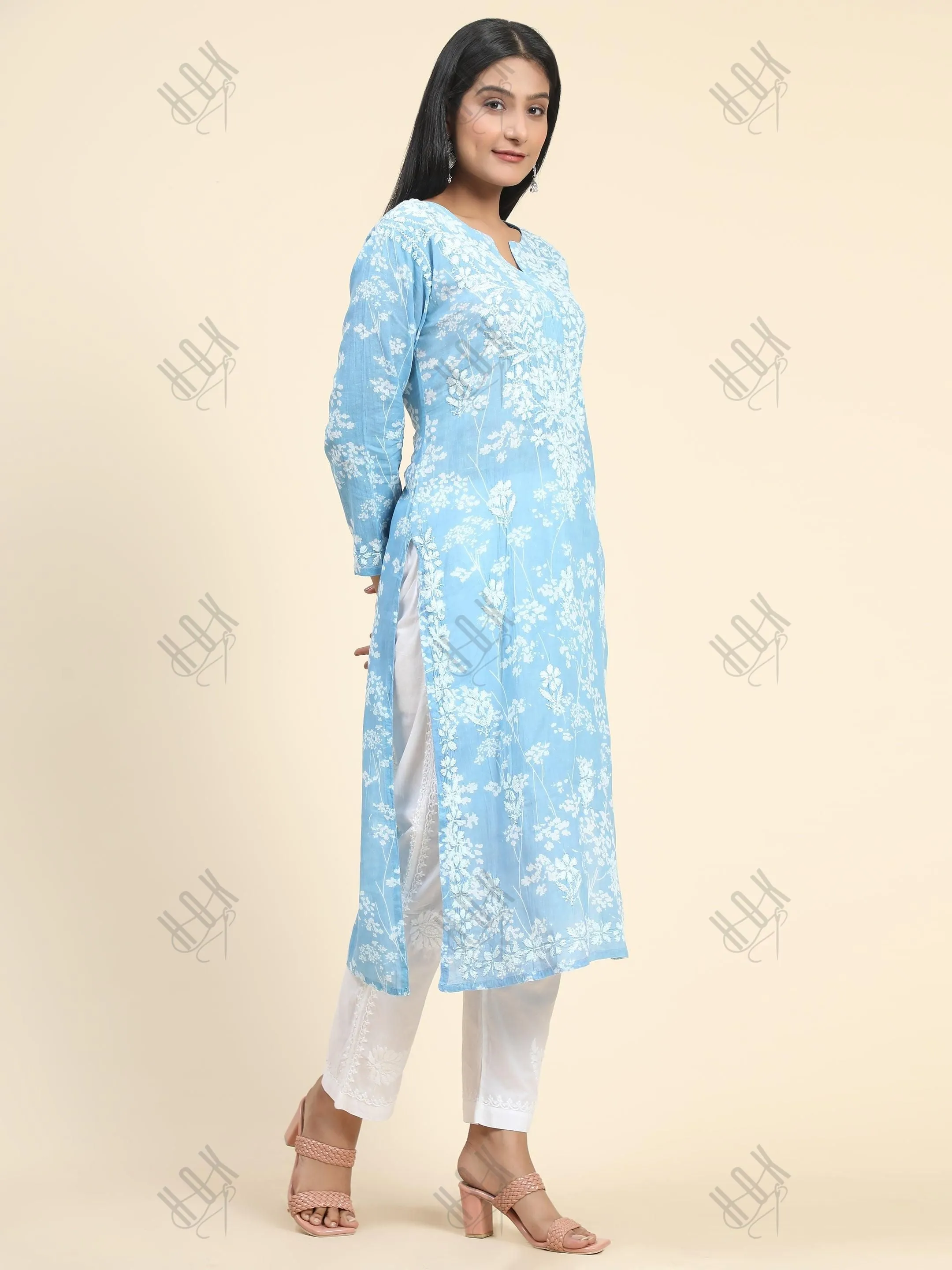 Noor Mul Printed  Hand Embroidery Chikankari Kurta- Sky Blue