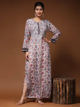 Noor Premium Printed PolySilk Chikankari Long gown for Women -Silver Floral Print