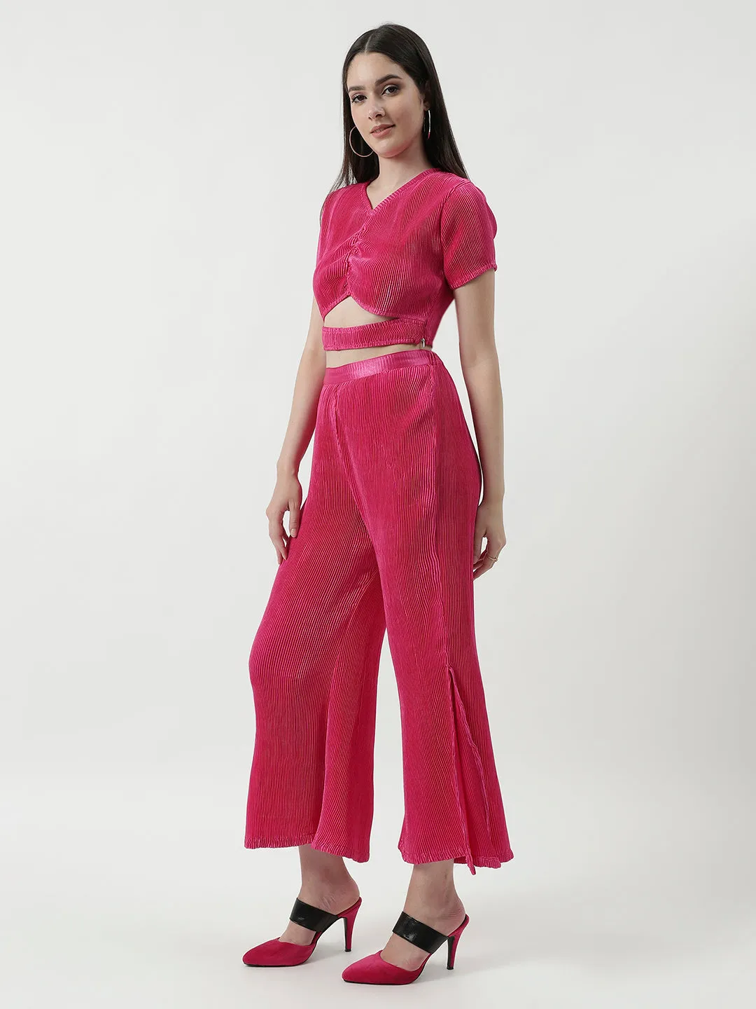 Pleated Cut-Out Crop Top With Matching Pant Set