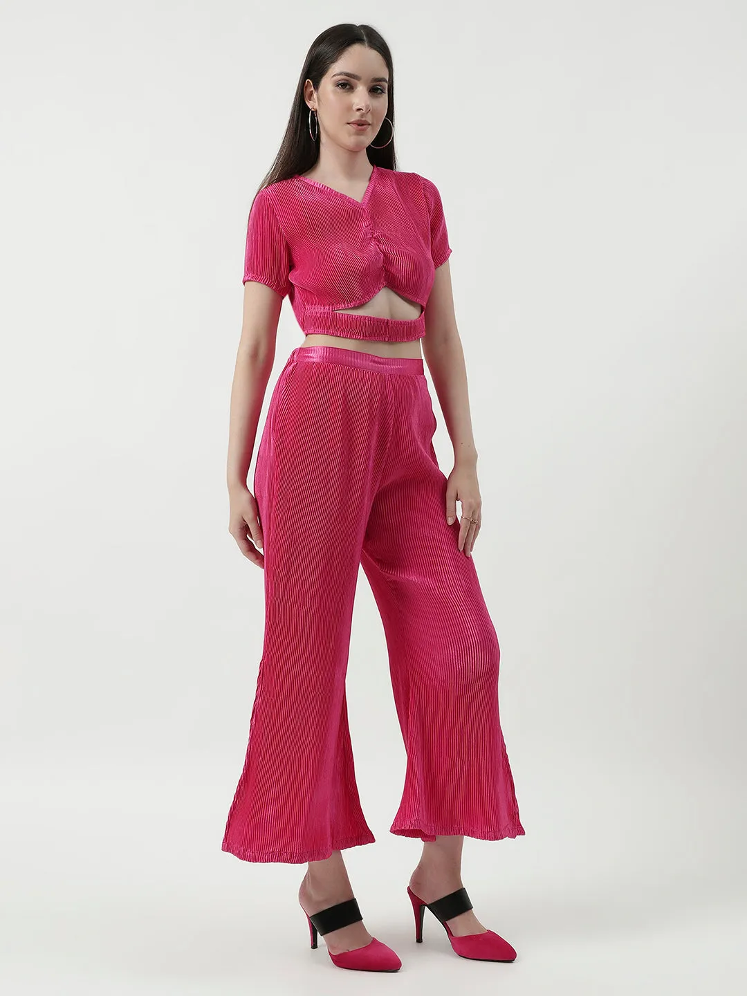 Pleated Cut-Out Crop Top With Matching Pant Set