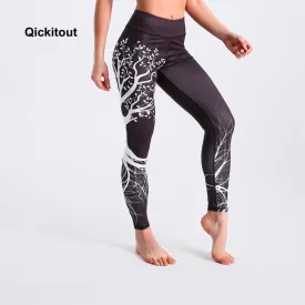 Qickitout Summer Pants 2018 Women Leggings Black Background Branch Printed Leggings High Waist Long Pants Sexy Casual Pants