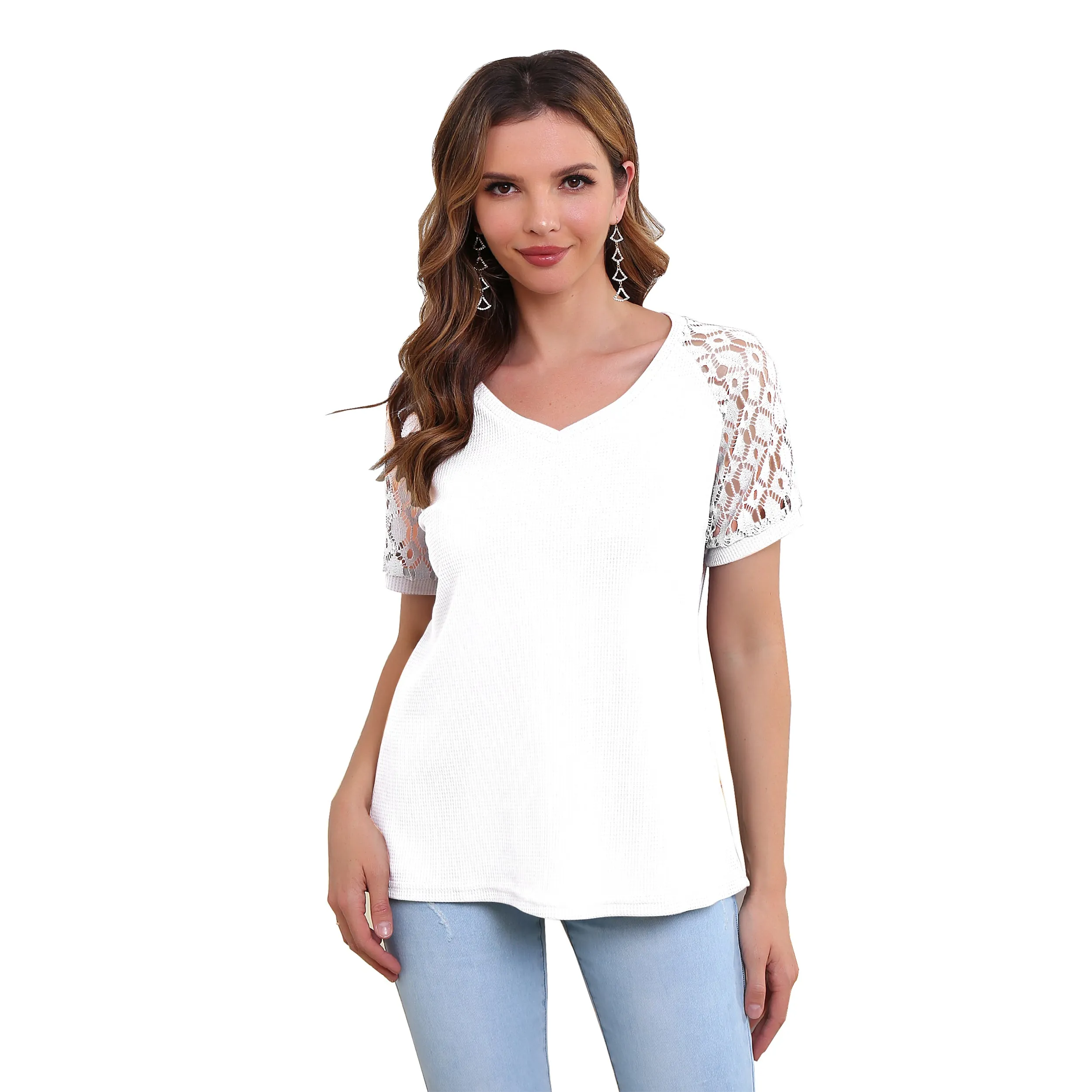 RH Women's Lace Short Sleeve V-Neck Shirt Loose Casual Knit Top Blouse RHW4016