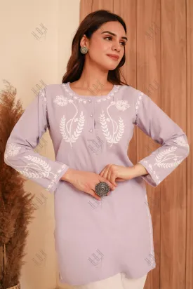 Saba Chikankari Short kurta in Slub cotton - Lilac