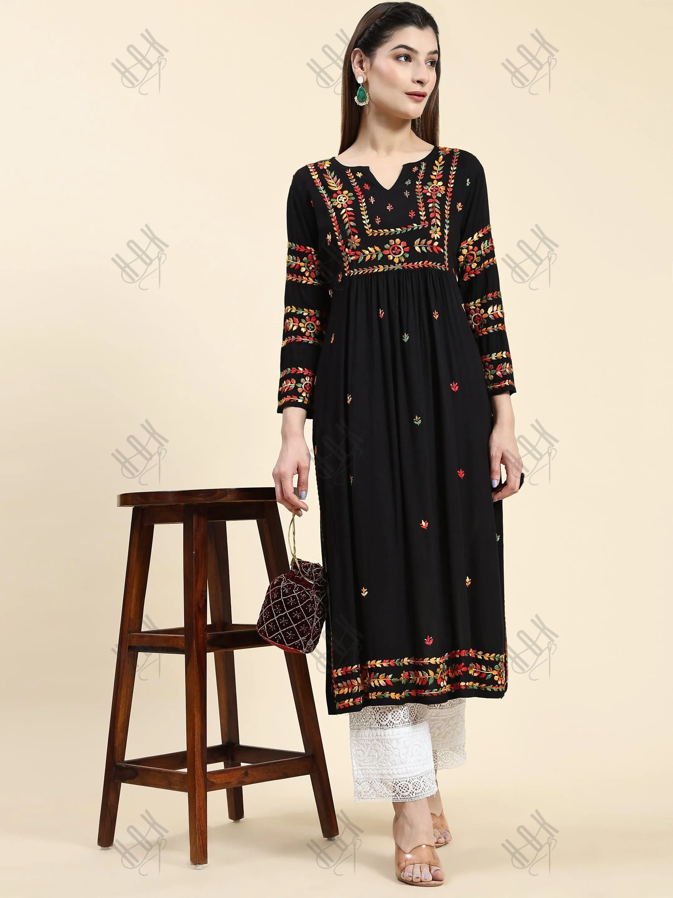 Samma Chikankari Long Kurta in Rayon Cotton for Women-Black With Multi Work