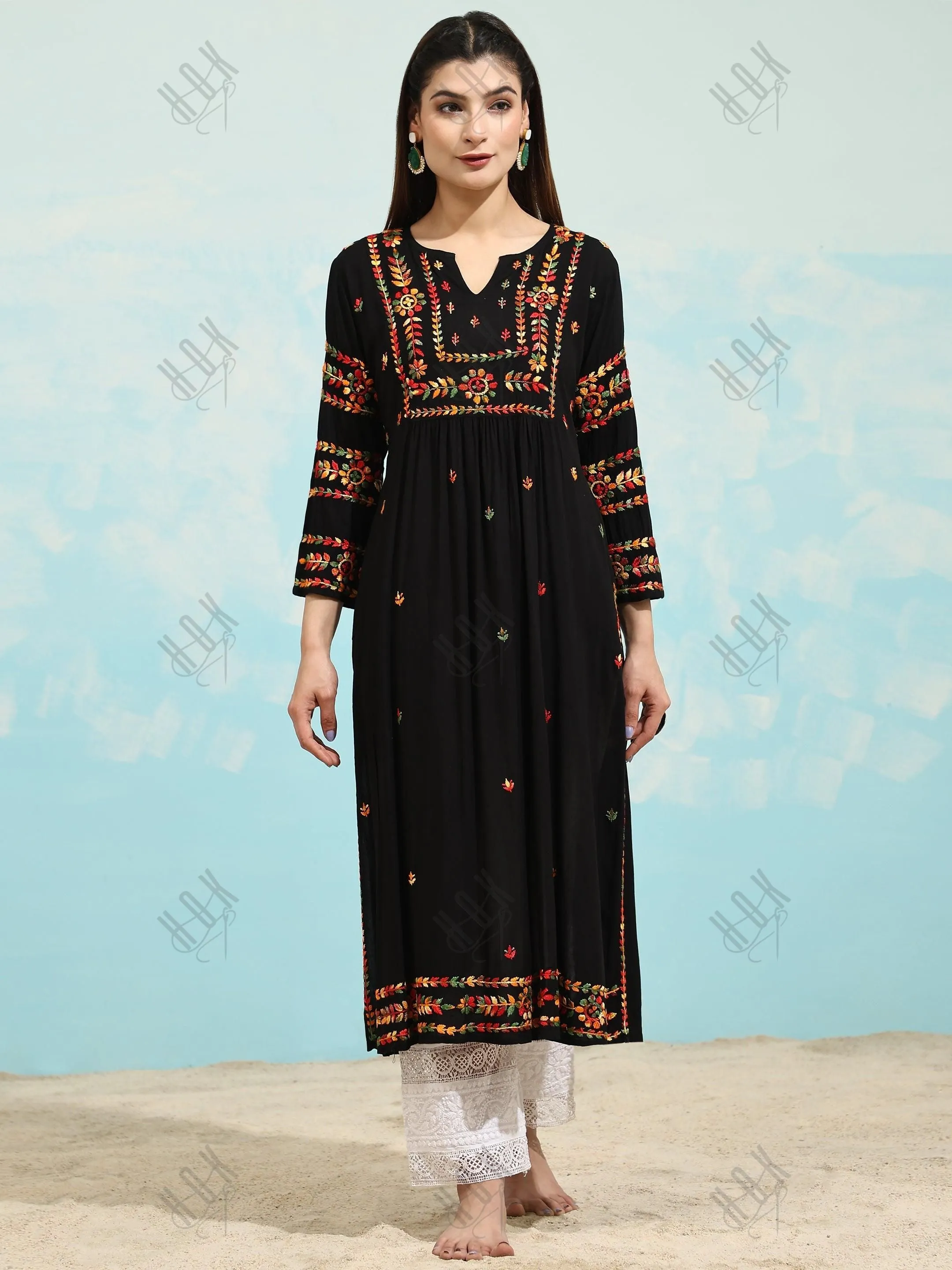 Samma Chikankari Long Kurta in Rayon Cotton for Women-Black With Multi Work