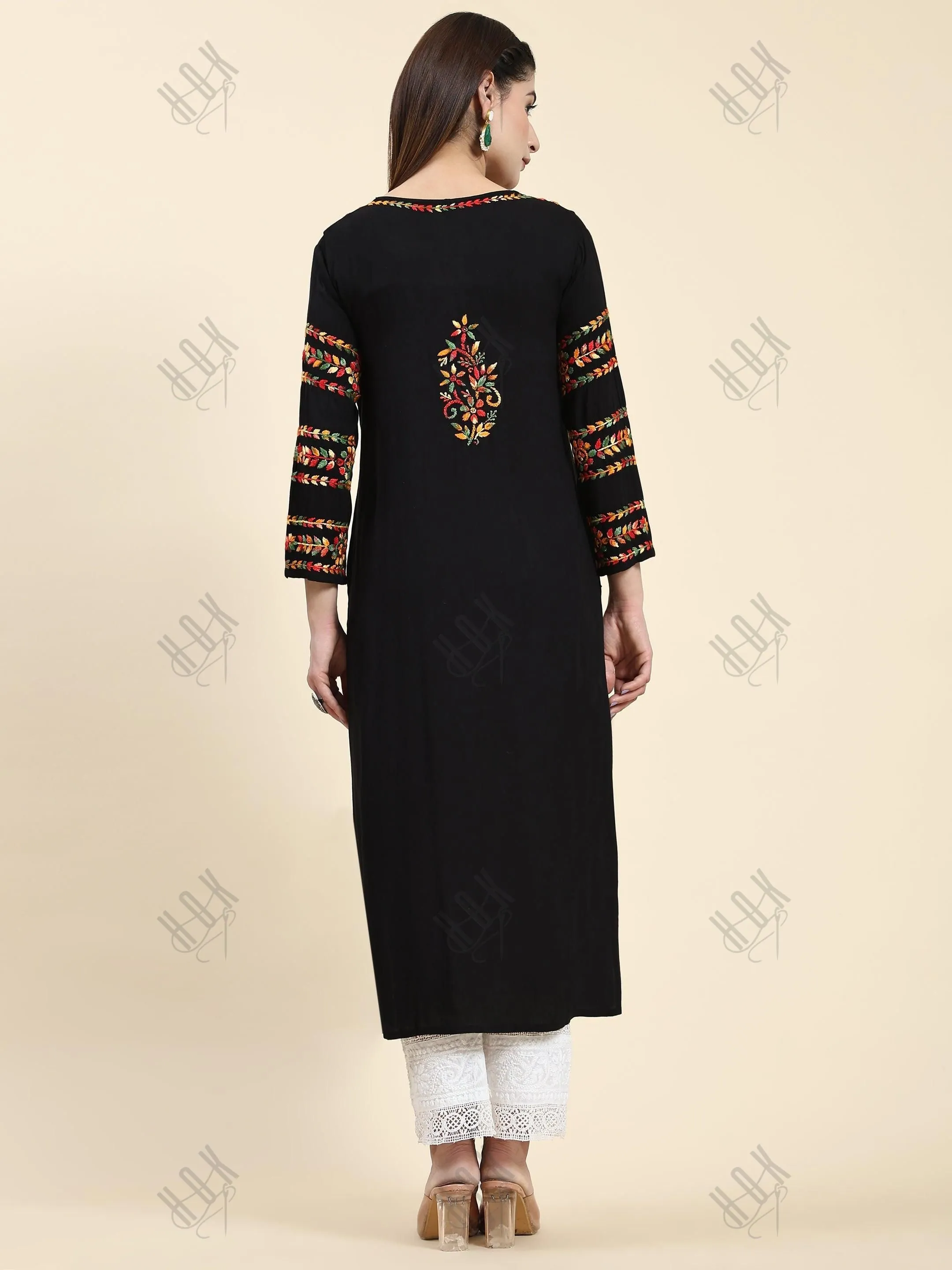 Samma Chikankari Long Kurta in Rayon Cotton for Women-Black With Multi Work