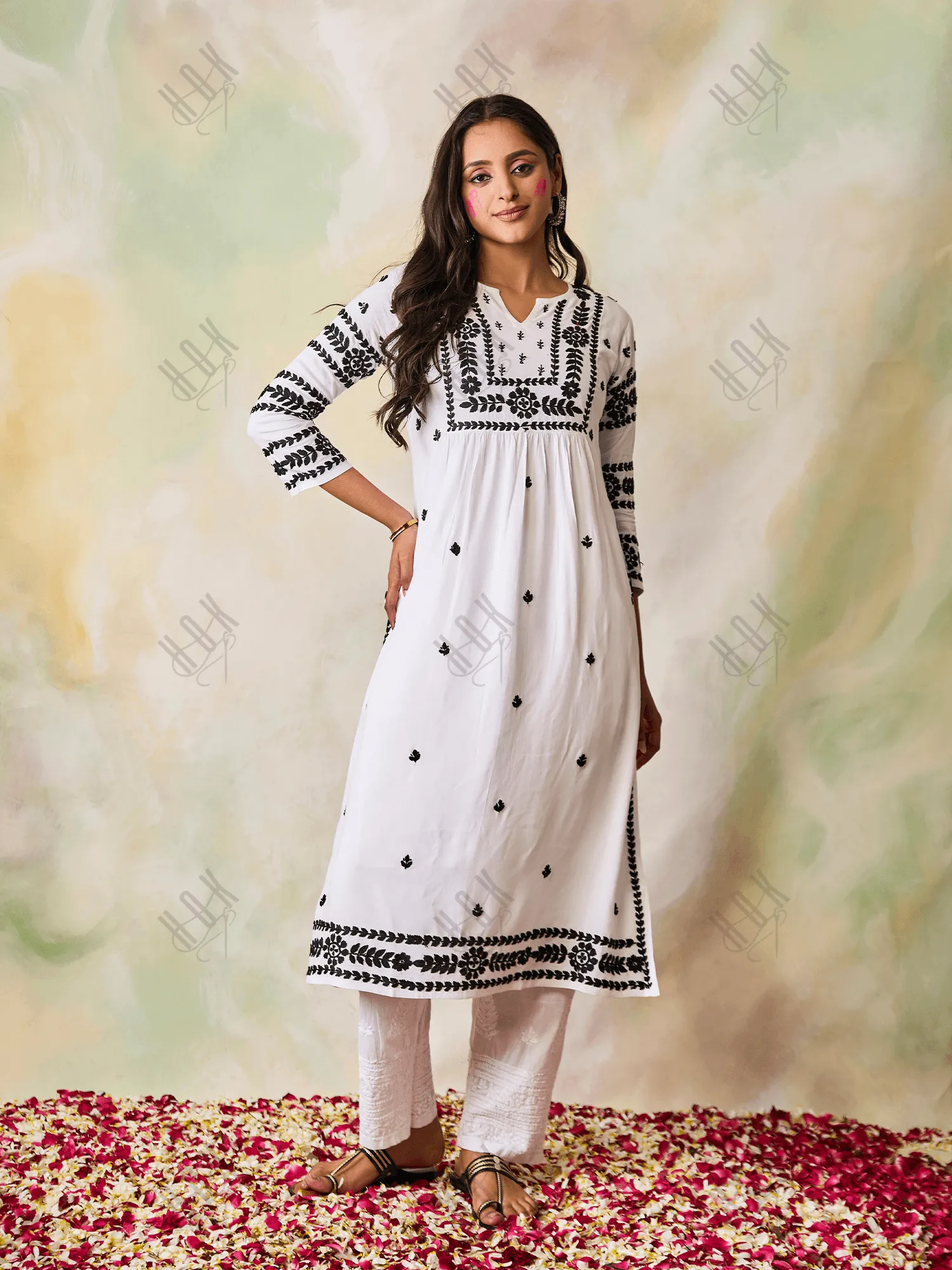 Samma Chikankari Long Kurta in Rayon Cotton for Women- White With Black